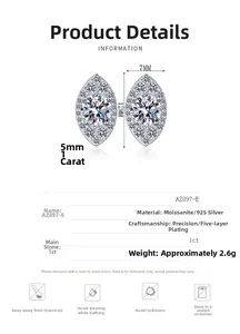 Detail specifications of 1ct marquise moissanite 925 silver stud earrings with dimensions