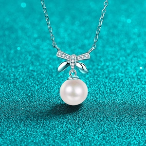 Elegant Bowknot Pendant Moissanite Artificial Pearl Necklace 925 Sterling Silver Rhodium Plated Cross Chain Jewelry For Women Gift