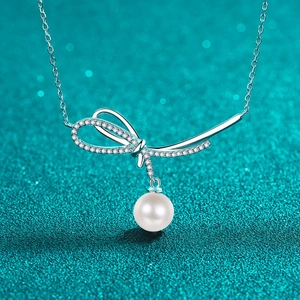 Elegant 925 Sterling Silver Moissanite Artificial Pearl Necklace Bowknot Pendant Clavicle Chain Fine Jewelry Gift For Women