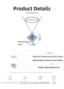 Detail of 925 sterling silver necklace featuring 1ct square blue moissanite pendant