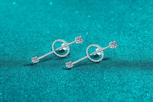 Close-up of S925 sterling silver drop earrings featuring geometric rings and sparkling stones
