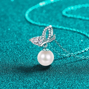 S925 sterling silver butterfly necklace with moissanite, pearl pendant, and elegant chain