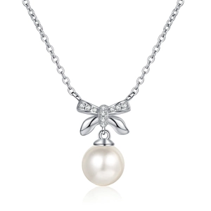 S925 silver necklace with moissanite bow pendant and glossy round white pearl
