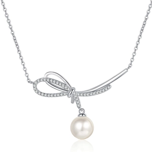 Elegant S925 silver bow pendant necklace with sparkling diamonds and a white pearl