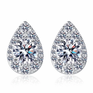Elegant S925 sterling silver pear shaped halo earrings with moissanite studs