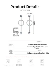 Detailed specs of S925 silver moissanite drop earrings measuring 41mm by 12.8mm