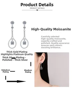Detail of S925 sterling silver tennis racket earrings with Moissanite stone and platinum plating