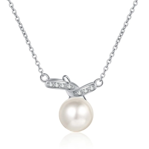 Elegante collana in argento S925 con perla bianca tonda e pendente con pavé di diamanti