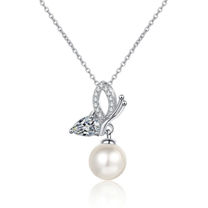 Elegant S925 silver butterfly necklace with moissanite accents and white round pearl