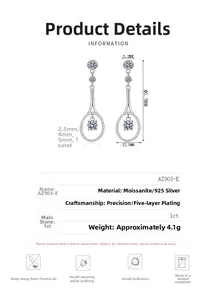 Detailed size specifications of 925 silver tennis racket earrings with moissanite stones