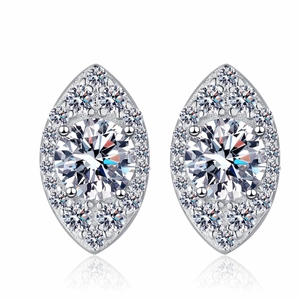Sparkling S925 sterling silver marquise halo moissanite stud earrings on white backdrop