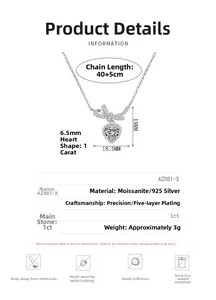 Detailed view of S925 silver bow heart necklace with 1ct moissanite pendant
