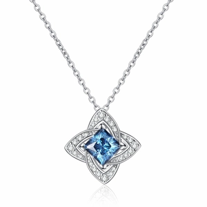 Princess cut blue sapphire pendant necklace in S925 sterling silver with micro-pave crystals