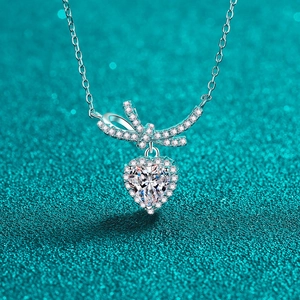 925 Sterling Silver Heart Bow Pendant Necklace With Moissanite Zirconia Heart Moissanite Necklace For Women Sweet Jewelry