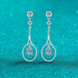 S925 Sterling Silver Tennis Racket Drop Earrings For Women 1ct Moissanite Zirconia Long Tassel Sporty Fashion Jewelry Gift