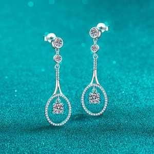 Elegant S925 sterling silver tennis racket earrings with sparkling moissanite drop tassels