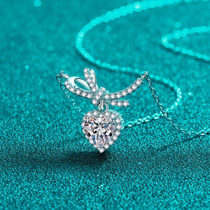 Luxurious S925 sterling silver heart necklace with bow pendant and moissanite stones