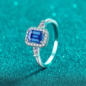 Bague en Argent Sterling 925 Moissanite Zirconia pour Femme Pierre Bleu Blanc Taille Émeraude Radiant Halo Bijoux Élégants
