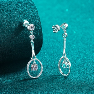 S925 sterling silver tennis racket drop earrings with sparkling moissanite stones