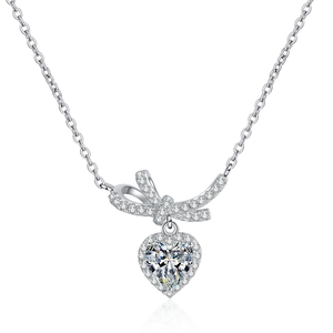 Elegant S925 sterling silver bow and heart pendant necklace with moissanite crystals