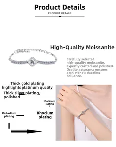 Detail view of S925 silver moissanite clover bracelet with multilayer rhodium plating