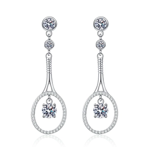 Elegant S925 sterling silver long tassel earrings with tennis racket design and moissanite