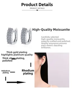 Detailed macro view of S925 sterling silver C-hoop earrings with moissanite row setting