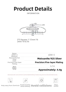 Detailed size specifications for adjustable S925 silver moissanite square bracelet