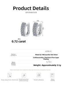 Detailed size chart for S925 sterling silver moissanite hoop earrings with dimensions