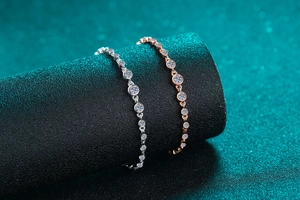 Detailed view of luxury S925 silver moissanite bracelets in silver and rose gold finishes