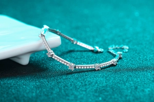 Close-up of S925 sterling silver moissanite bracelet with brilliant round cut stones