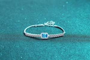 Macro detail of S925 silver bracelet featuring a rectangular blue gemstone with diamonds
