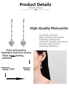 Detail showing S925 silver heart tassel earrings with moissanite and multilayer plating