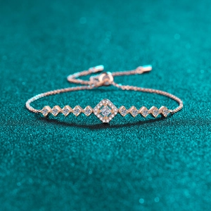Adjustable rose gold S925 silver bracelet with cubic moissanite square geometric charms