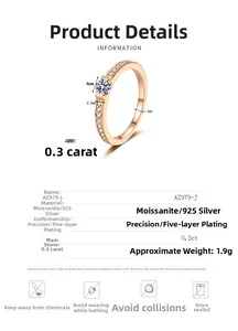 Detailed size specifications for a 0.3ct moissanite ring with 925 silver dimensions