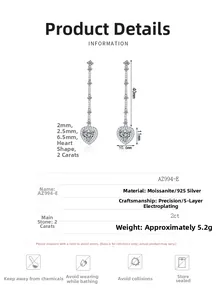 Detailed spec chart of S925 silver heart moissanite tassel earrings with dimensions