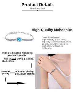 Detail view of S925 silver bracelet with oval blue moissanite and multi-layer plating