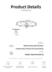 Detailed spec sheet showing 925 silver moissanite bracelet with 1.88ct square stone size