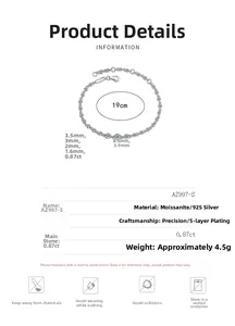 Detail of 925 sterling silver bracelet with moissanite specifications and 19cm length measurement