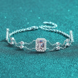 S925 Sterlingsilber Rechteckiges Moissanit Zirkonia Doppelketten Armband Smaragd Radiant Schliff Eingelegt Handgefertigt Leichter Luxus Damen Schmuck