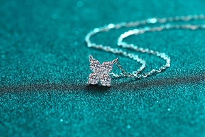 Macro view of S925 silver four-leaf clover pendant with brilliant white stones