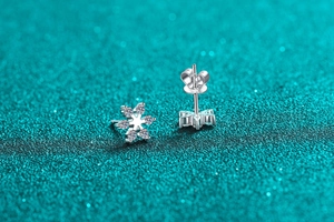 Macro view of S925 sterling silver snowflake earrings with sparkling moissanite stones