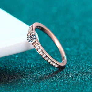 Champagne gold S925 silver moissanite ring with round solitaire and pave setting diamonds
