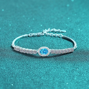 Elegant 925 Sterling Silver Moissanite Bracelet For Women Oval Blue Gemstone Adjustable Halo Tennis Link Chain Jewelry