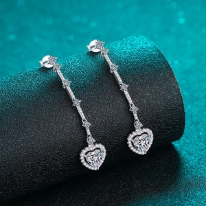 Elegant S925 sterling silver heart drop earrings with tassels and moissanite stones