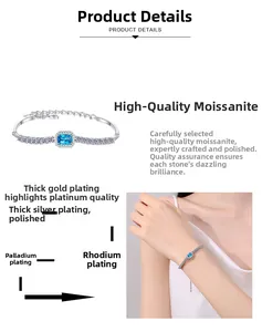 Detailed view of rectangle blue moissanite bracelet with multi-layer plating and diamonds