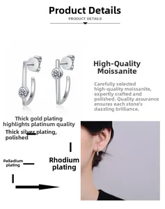 Detailed view of J-shape moissanite stud earring with multi-layer plating and craftsmanship