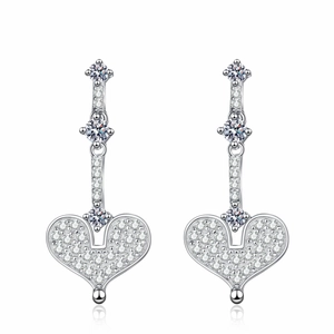 S925 sterling silver heart drop earrings with shimmering full moissanite stones