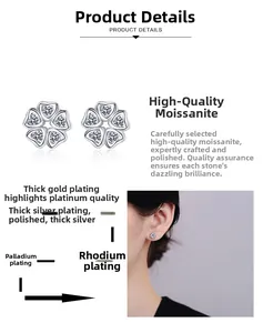 Macro detail of S925 sterling silver flower earrings featuring moissanite stones and plating