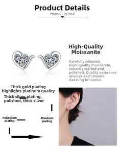 Detail view of heart-shaped moissanite earrings in silver with rhodium plating finish